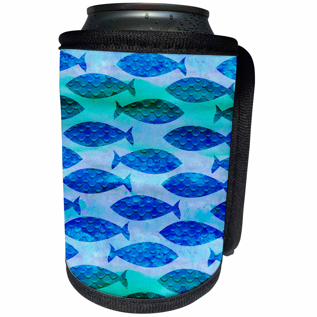 3dRose Andrea Haase Animals Illustration - Fish underwater pattern green and blue - Can Cooler Bottle Wrap (cc_264769)