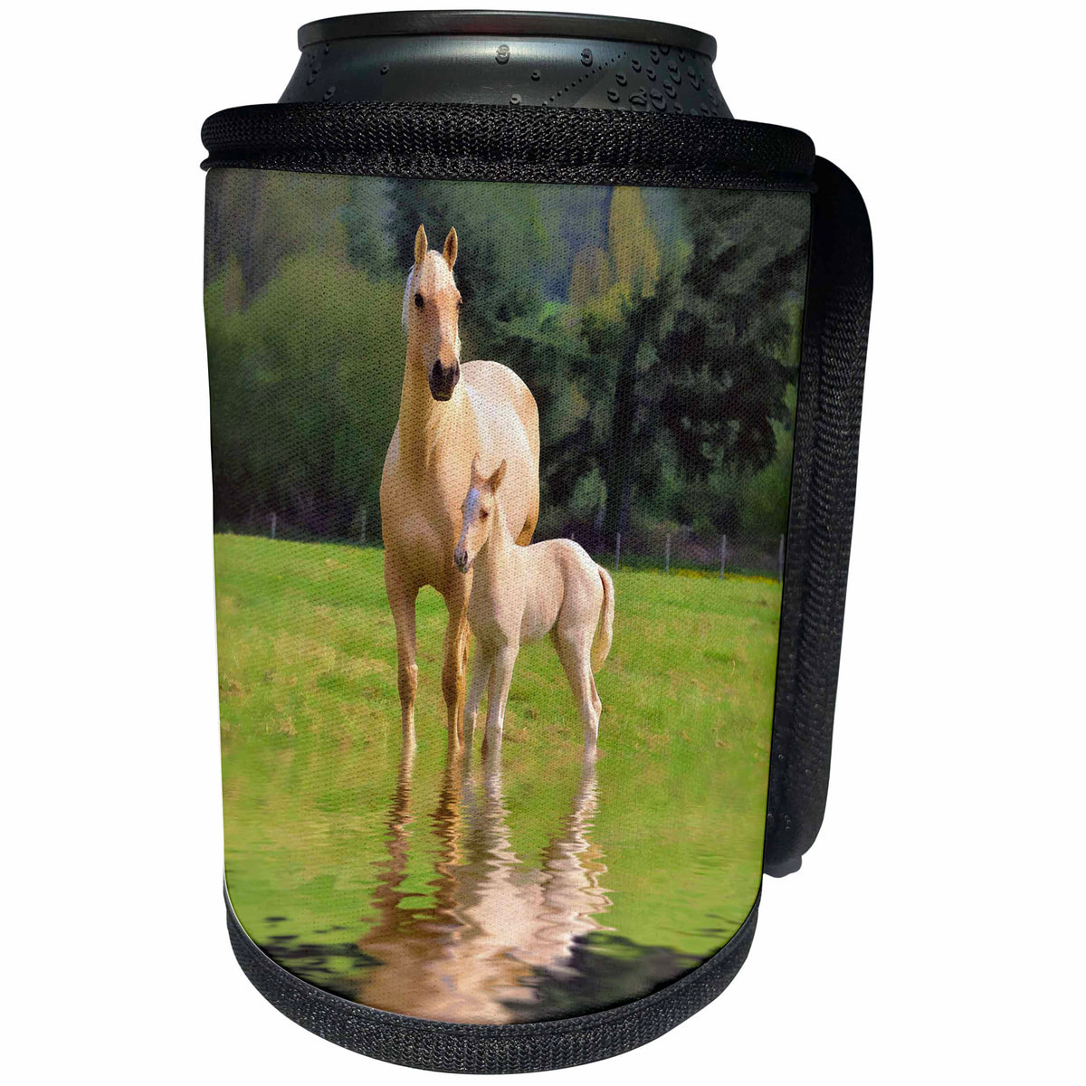 3dRose Andrea Haase Animals Photography - Cute foal and mother on green meadow at the edge of calm lake - Can Cooler Bottle Wrap (cc_264775)
