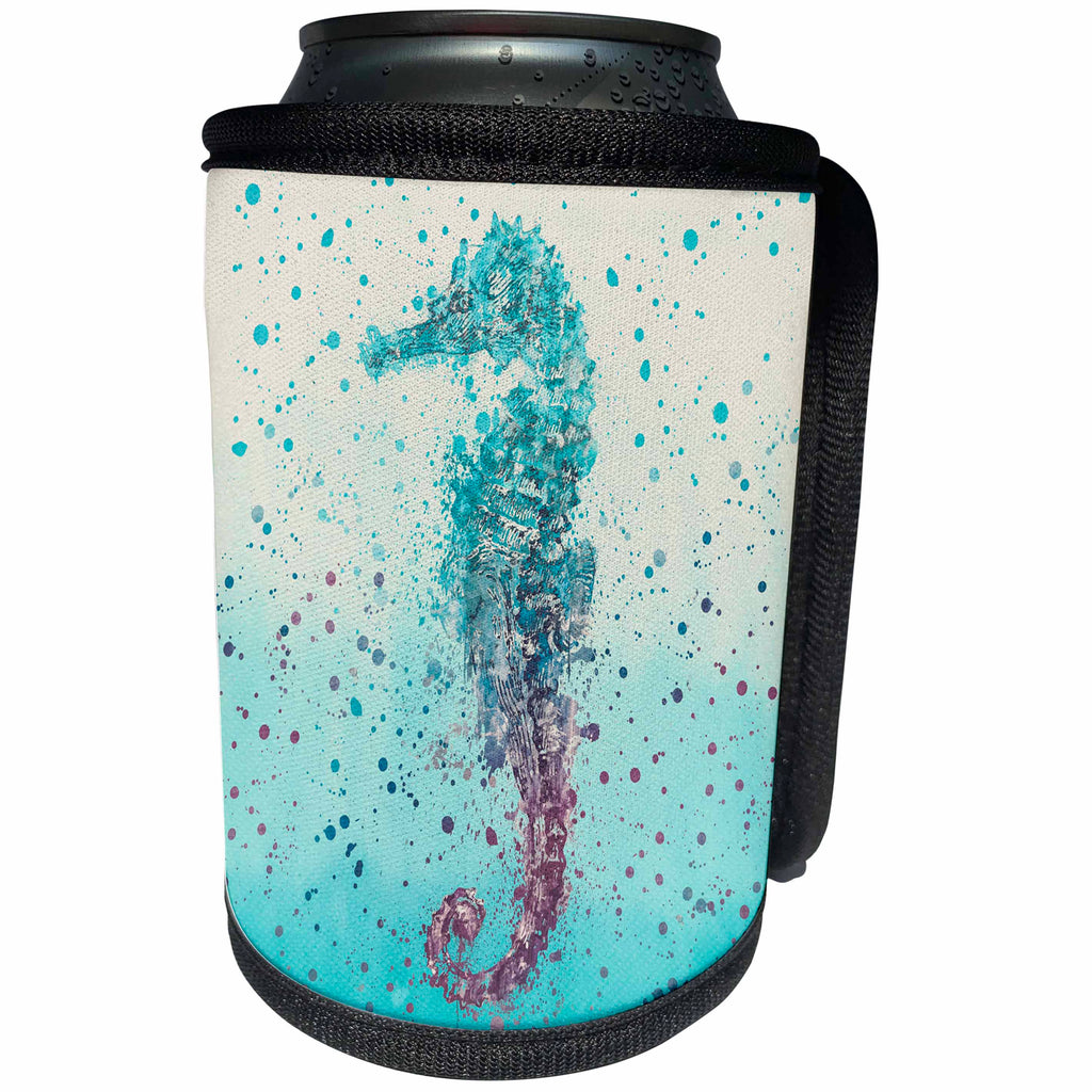 3dRose Andrea Haase Animals Illustration - Watercolor seahorse underwater illustration in shades of blue and turquoise - Can Cooler Bottle Wrap (cc_264776)