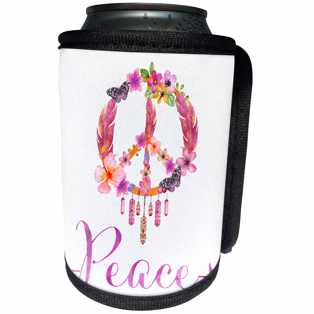 3dRose Andrea Haase Inspirational Typography - Peace symbol dream catcher peace typography - Can Cooler Bottle Wrap (cc_264811)