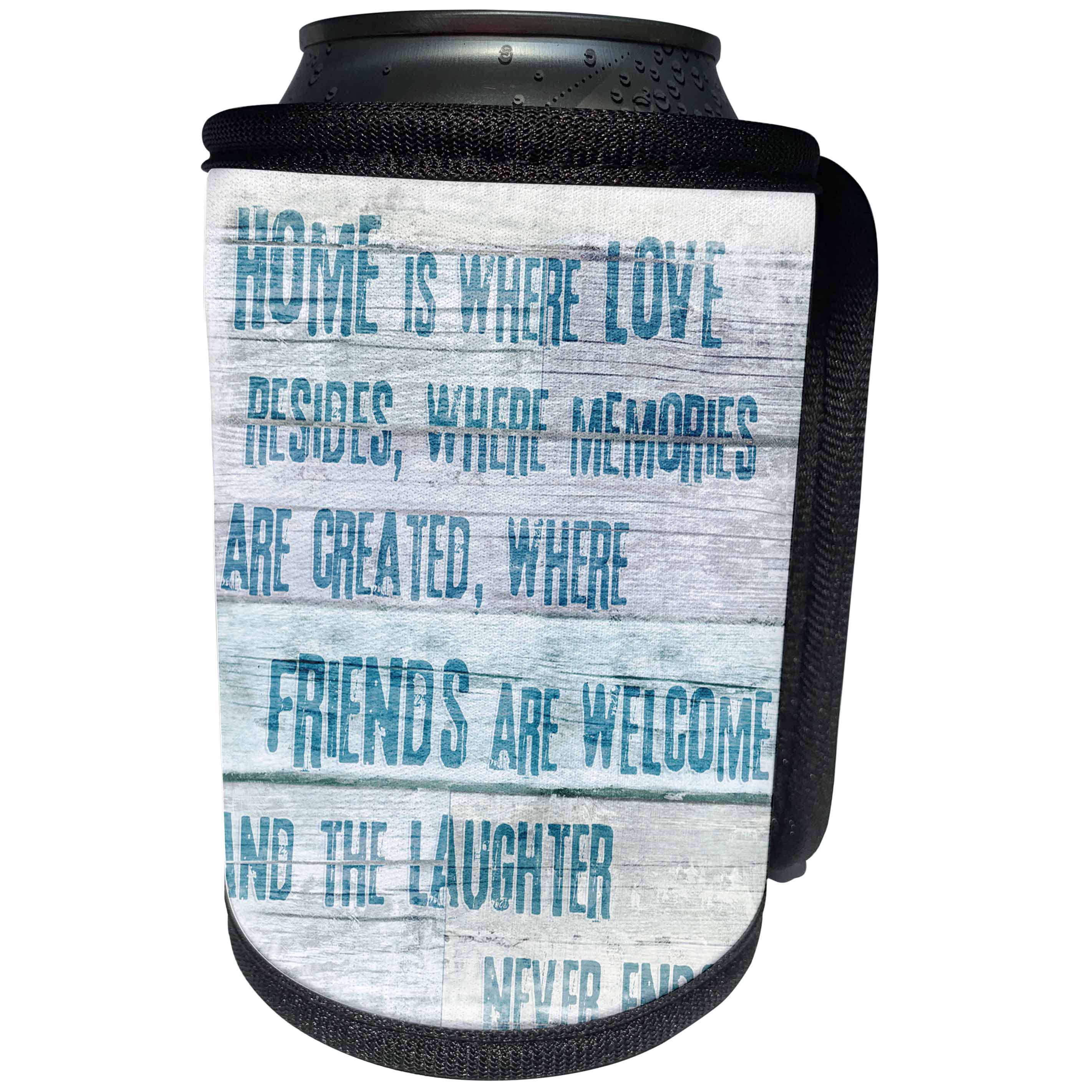 3dRose Andrea Haase Inspirational Typography - Home is typography on distressed wood turquoise - Can Cooler Bottle Wrap (cc_264842)