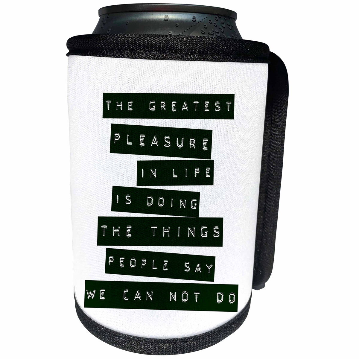 3dRose Andrea Haase Inspirational Typography - Label printer style text the greatest pleasure quote - Can Cooler Bottle Wrap (cc_264854)
