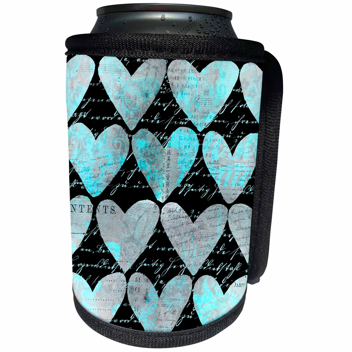 3dRose Andrea Haase Love and Hearts Art - Mixed media art with hearts and typography elements turquoise and black - Can Cooler Bottle Wrap (cc_264859)
