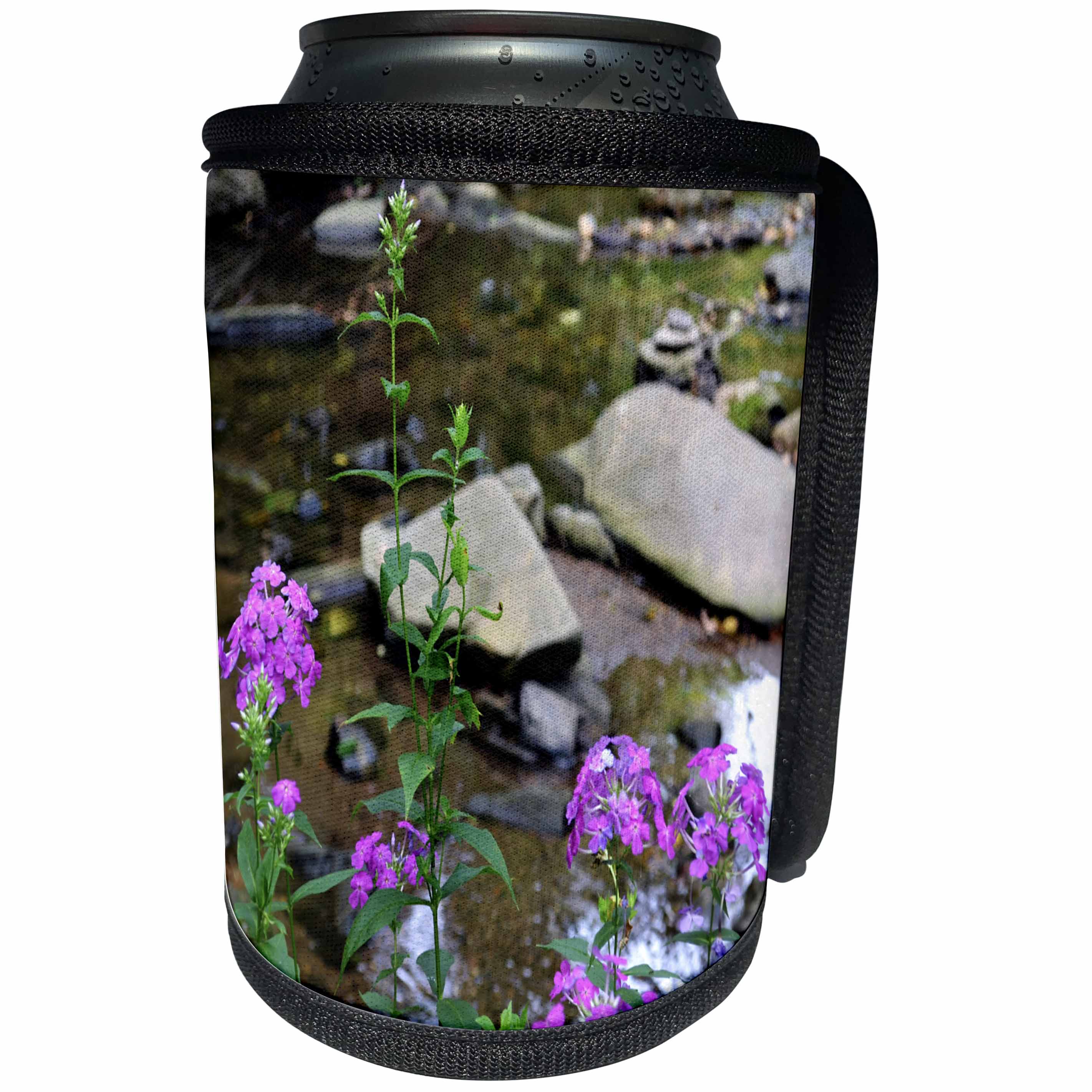 3dRose WhiteOak Photography Nature Scenes - Beauty of Simplicity Creek and flowers photo - Can Cooler Bottle Wrap (cc_26486)