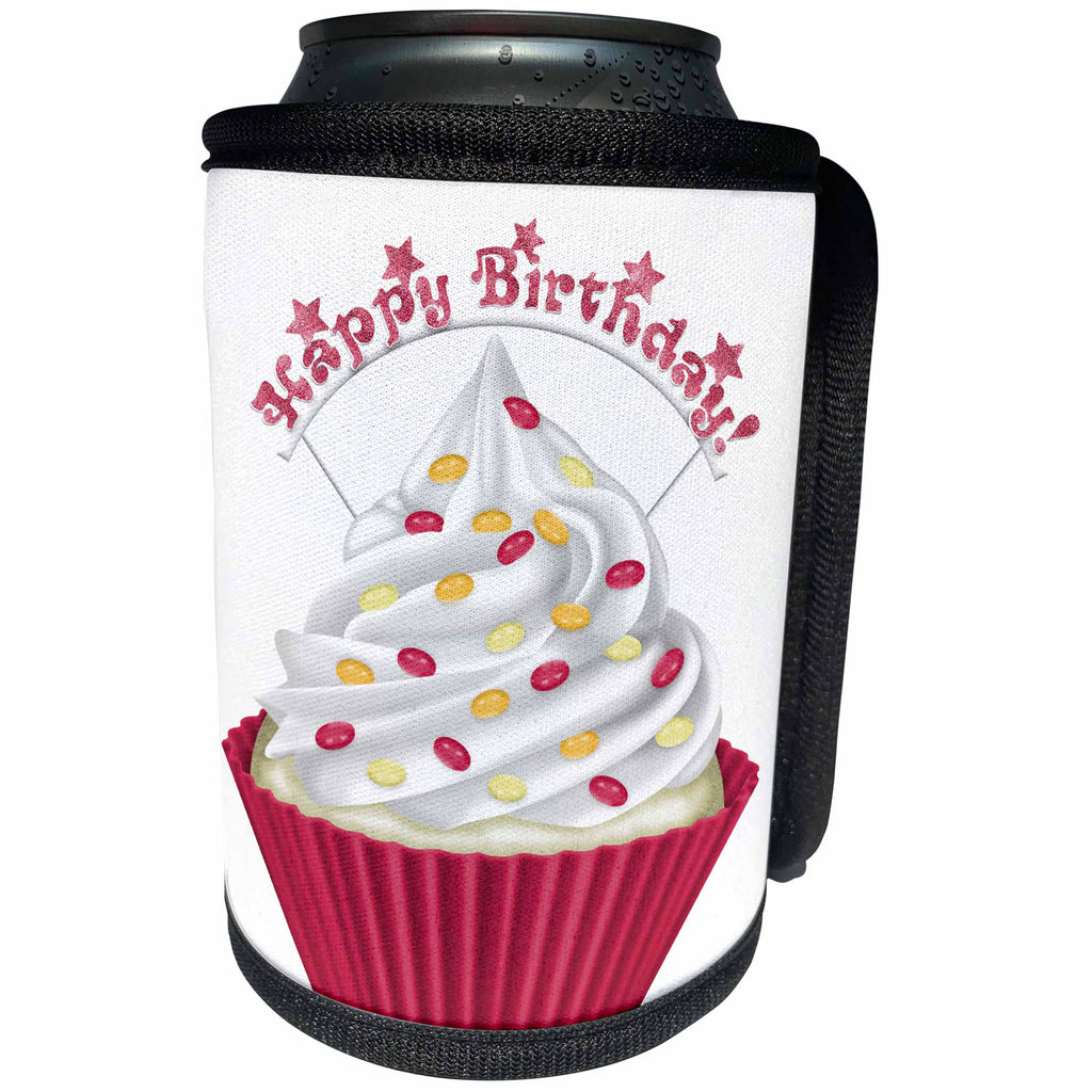 3dRose Anne Marie Baugh - Illustrations - Cute Pink Happy Birthday Cupcake Illustration - Can Cooler Bottle Wrap (cc_264862)