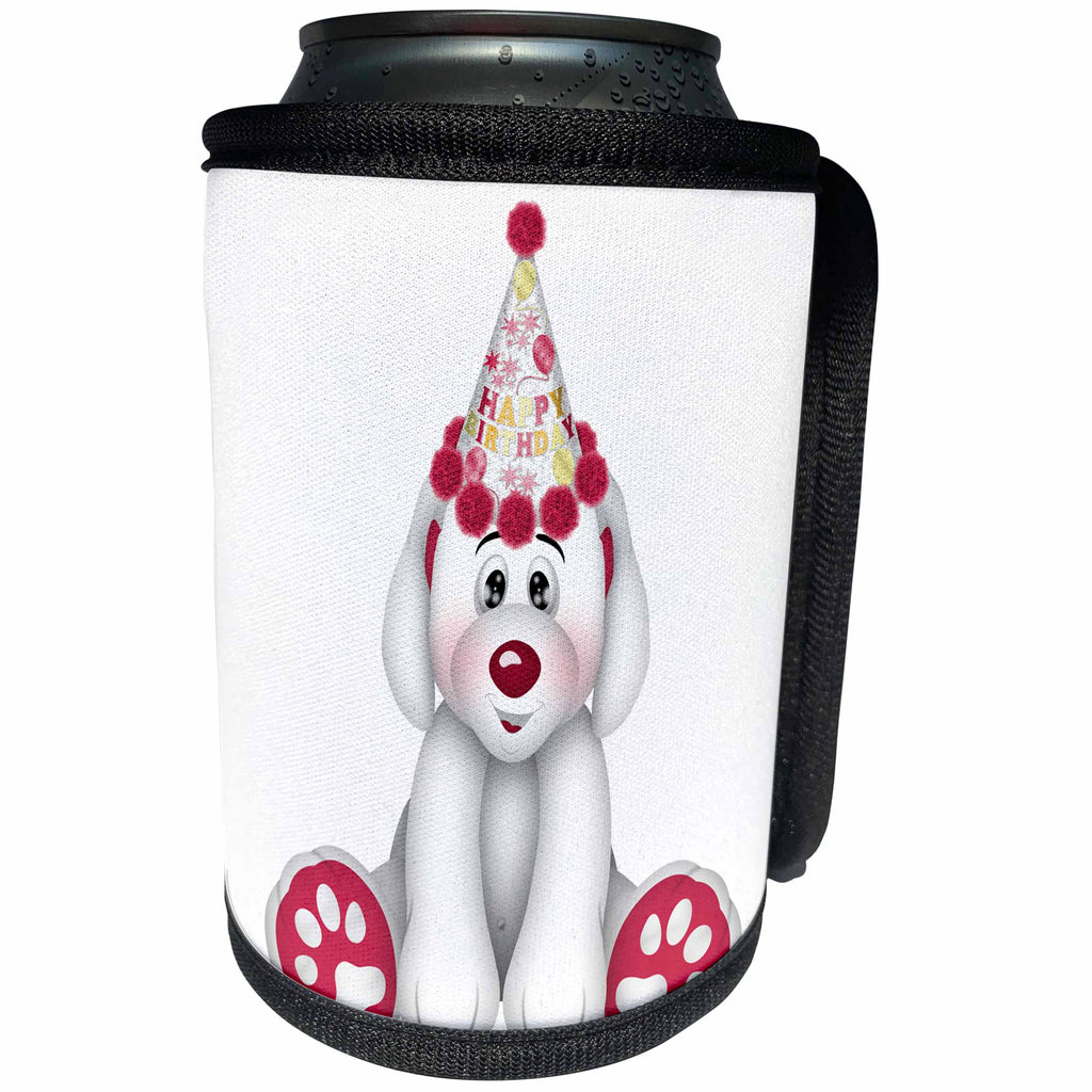 3dRose Anne Marie Baugh - Illustrations - Cute Pink and White Happy Birthday Puppy Dog Illustration - Can Cooler Bottle Wrap (cc_264864)