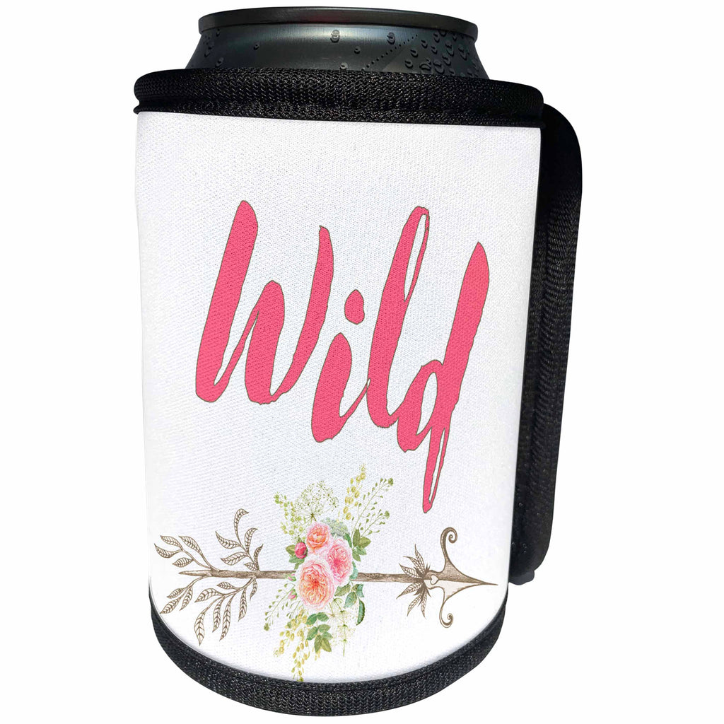 3dRose Anne Marie Baugh - Word Art - Pink Wild With A Floral Arrow Word Art - Can Cooler Bottle Wrap (cc_264880)