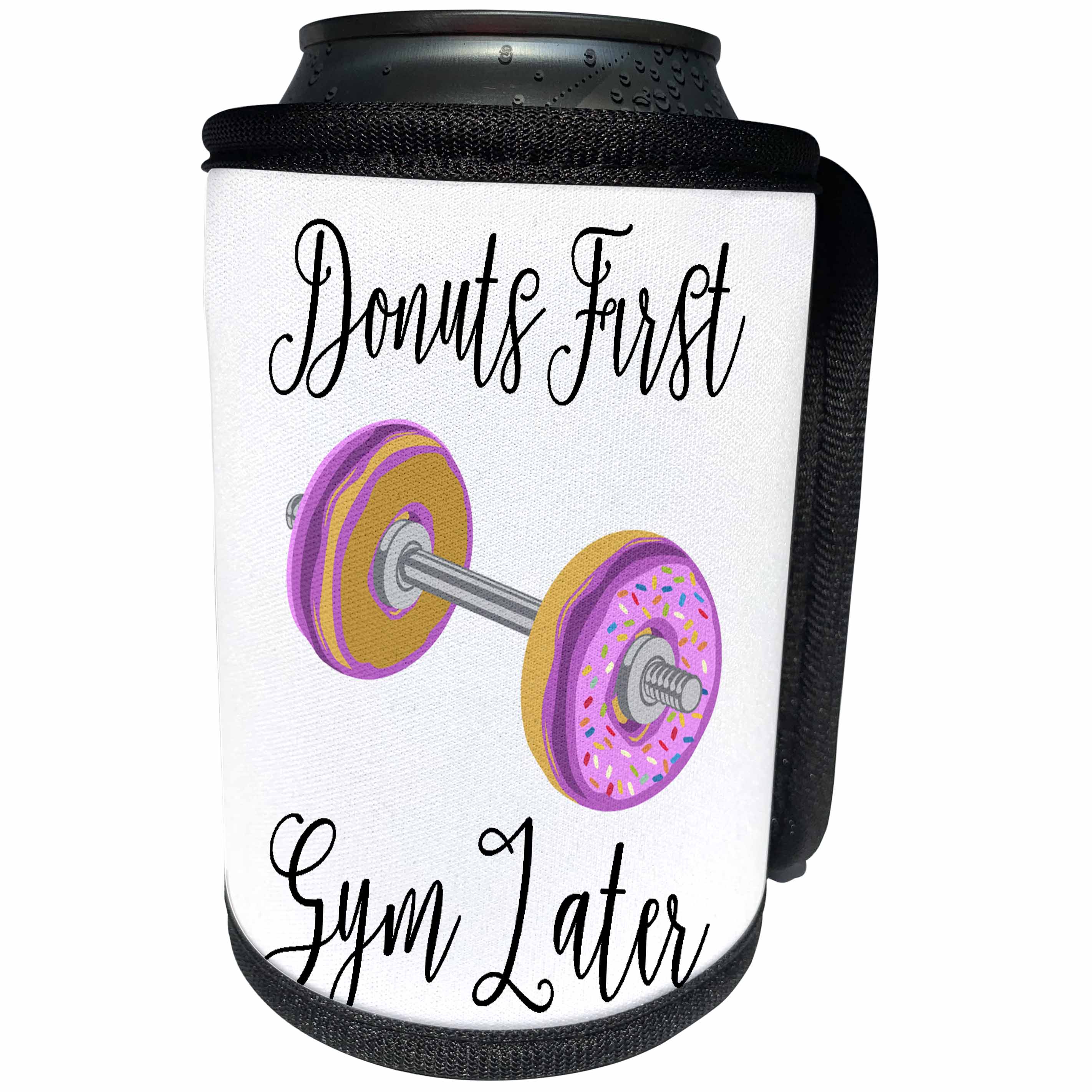 3dRose Anne Marie Baugh - Word Art - Donuts First Gym Later, Donut Dumbbells Word Art - Can Cooler Bottle Wrap (cc_264881)