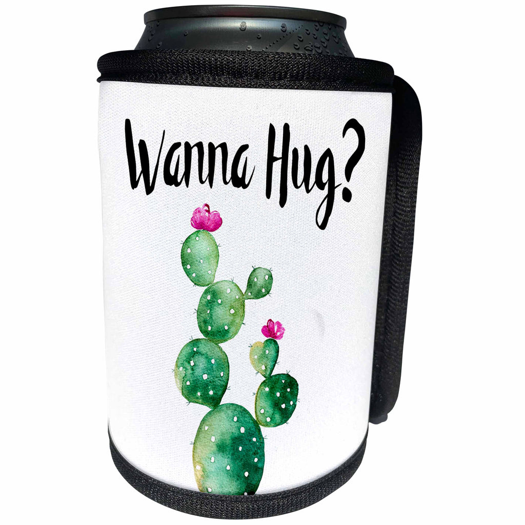 3dRose Anne Marie Baugh - Word Art - Wanna Hug With A Flowering Watercolor Cactus Word Art - Can Cooler Bottle Wrap (cc_264887)