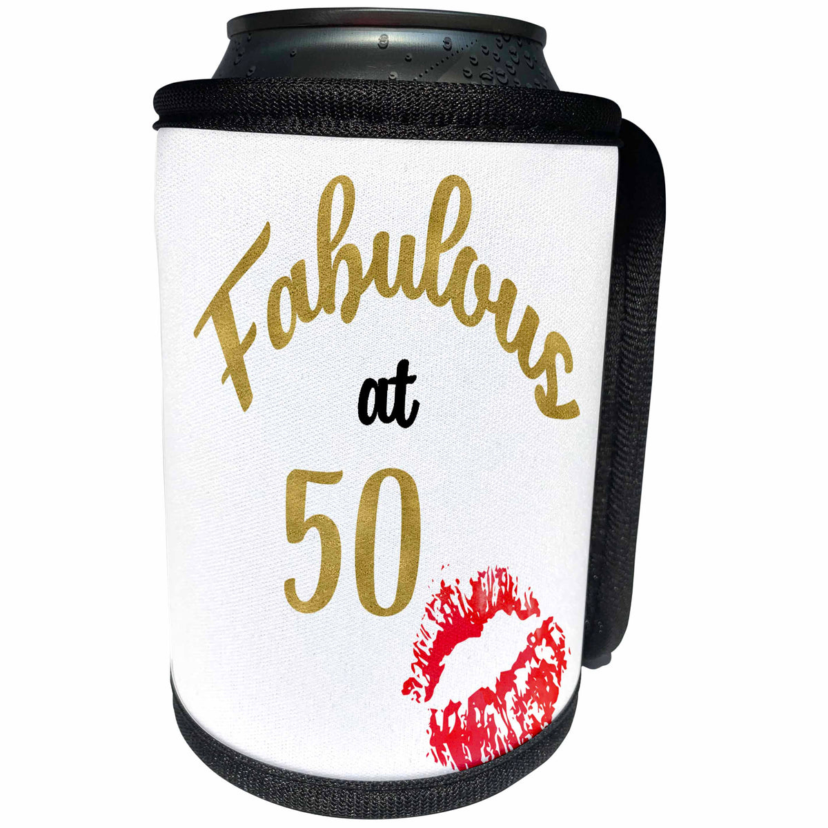 3dRose Anne Marie Baugh - Word Art - Fabulous At 50 With Kissing Red Lips Word Art - Can Cooler Bottle Wrap (cc_264890)