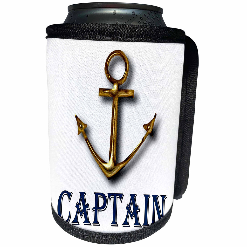 3dRose Anne Marie Baugh - Word Art - Captain With A Gold Anchor Word Art - Can Cooler Bottle Wrap (cc_264891)