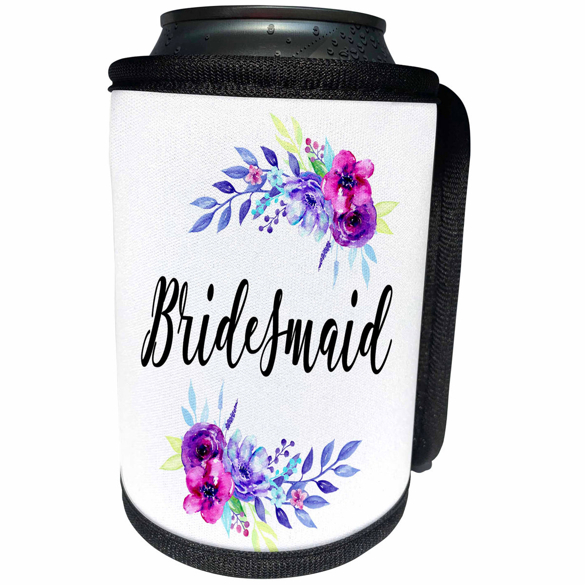 3dRose Anne Marie Baugh - Wedding - Bridesmaid With Pink and Purple Watercolor Floral - Can Cooler Bottle Wrap (cc_264893)