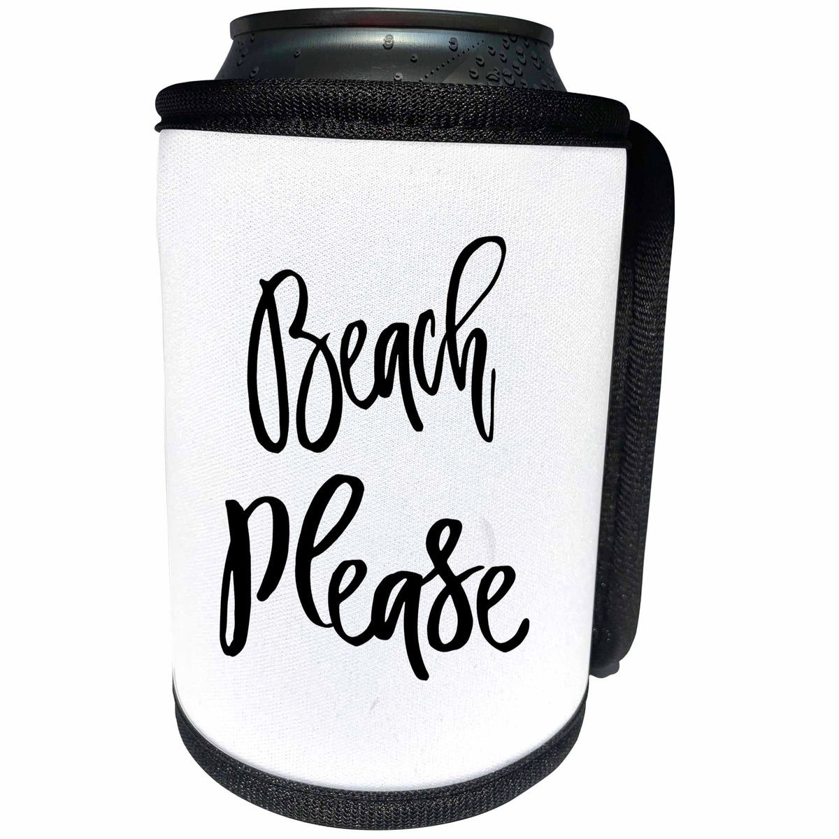 3dRose Anne Marie Baugh - Word Art - Beach Please Black and White Word Art - Can Cooler Bottle Wrap (cc_264895)