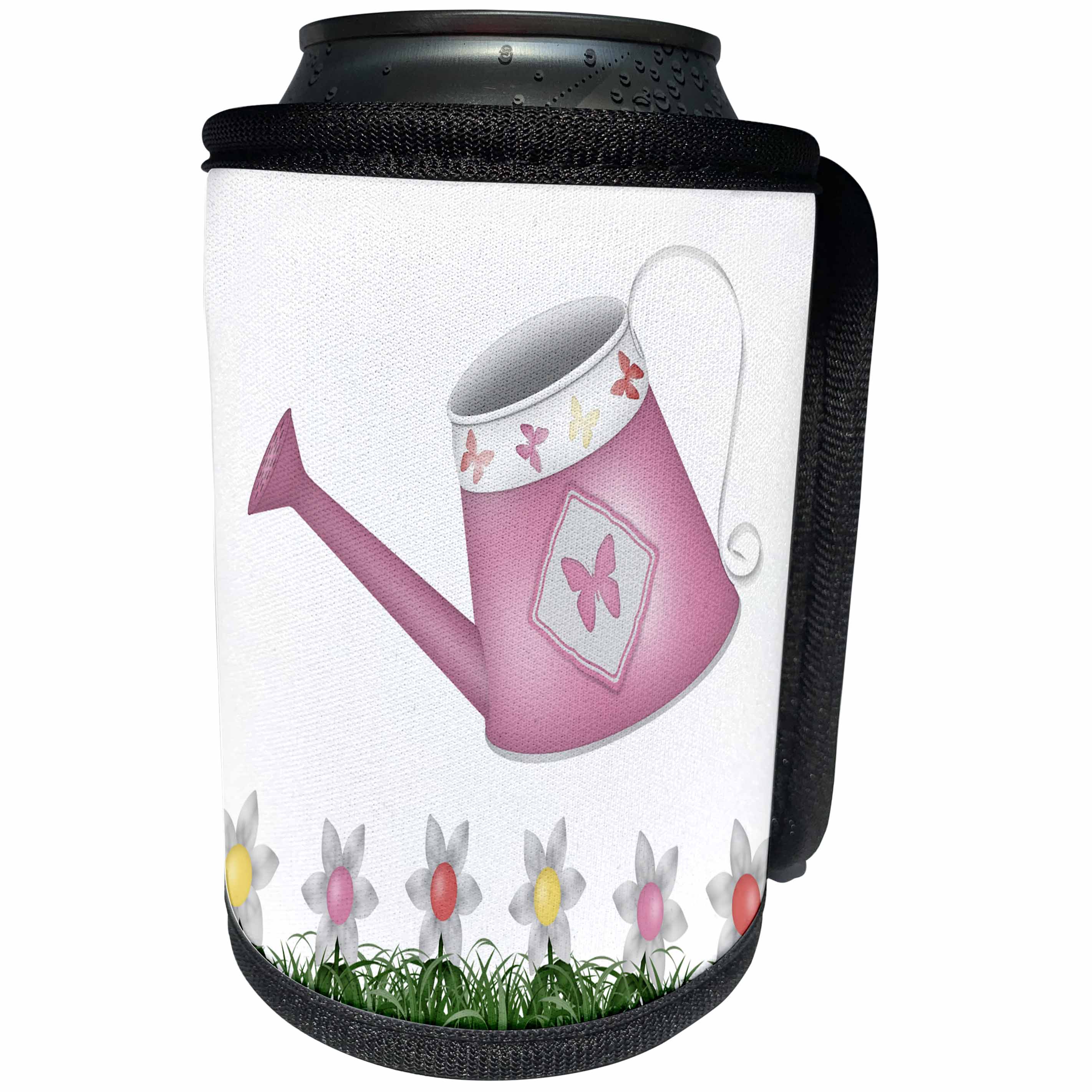 3dRose Anne Marie Baugh - Illustrations - Cute Pink and Yellow Flowers With A Watering Can Illustration - Can Cooler Bottle Wrap (cc_264908)