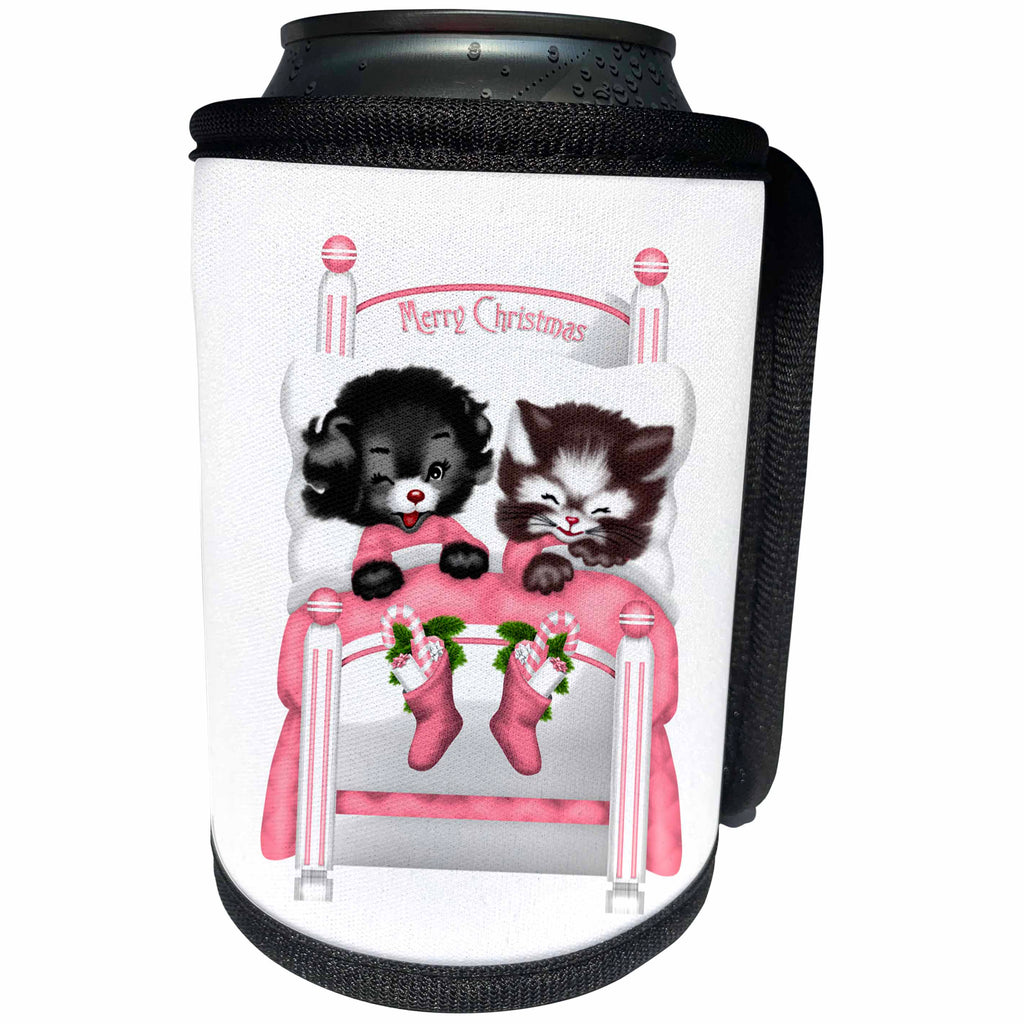 3dRose Anne Marie Baugh - Christmas - Two Kittens In A Pink Christmas Bed With Stockings Illustration - Can Cooler Bottle Wrap (cc_264909)