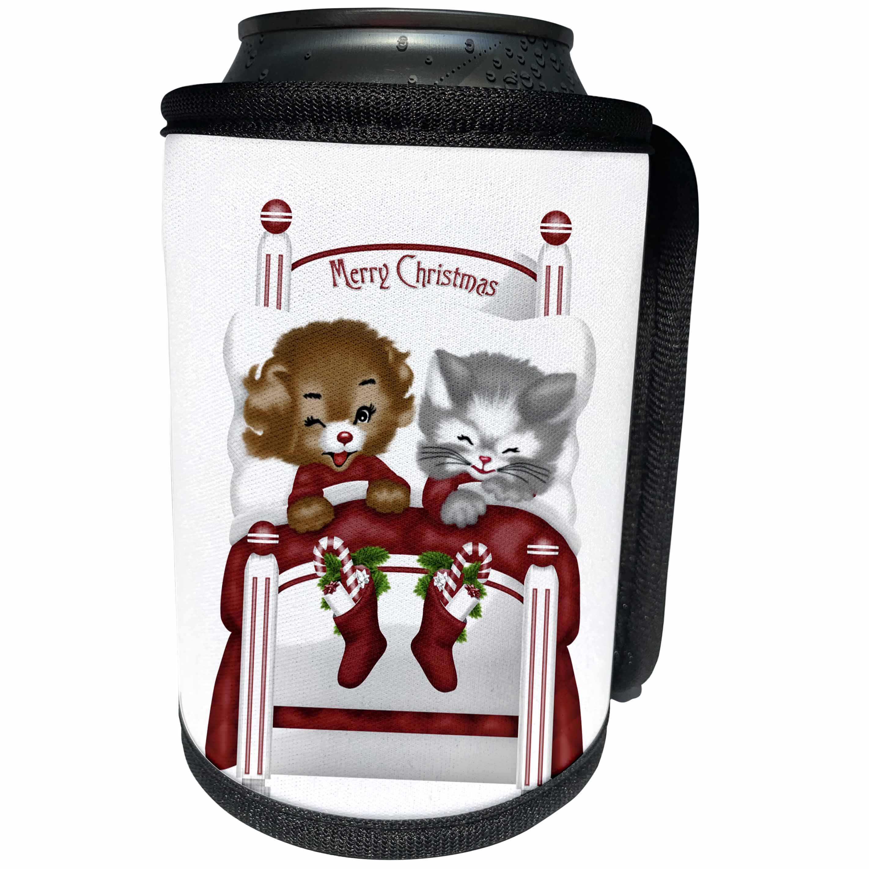 3dRose Anne Marie Baugh - Christmas - Two Kittens In A Red Christmas Bed With Stockings Illustration - Can Cooler Bottle Wrap (cc_264910)