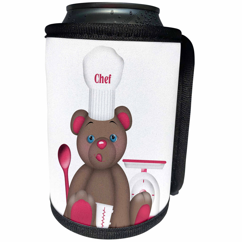 3dRose Anne Marie Baugh - Illustrations - Cute Pink and Brown Bear Chef With Chefs Hat Illustration - Can Cooler Bottle Wrap (cc_264913)