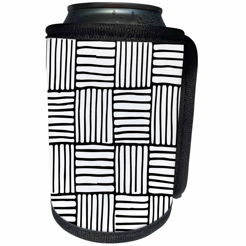 3dRose Anne Marie Baugh - Black and White - Black and White Lined Squares Pattern - Can Cooler Bottle Wrap (cc_264922)