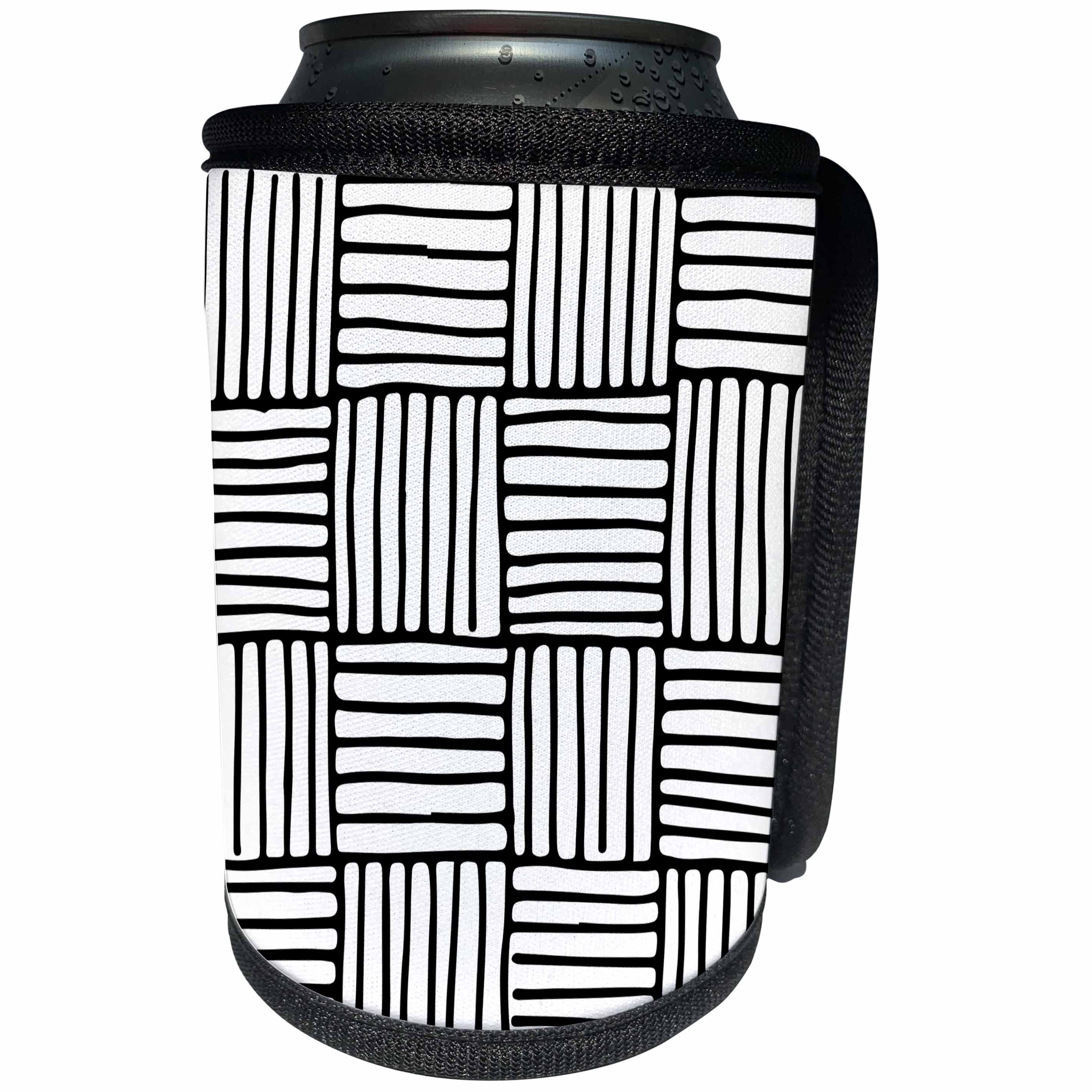 3dRose Anne Marie Baugh - Black and White - Black and White Lined Squares Pattern - Can Cooler Bottle Wrap (cc_264922)