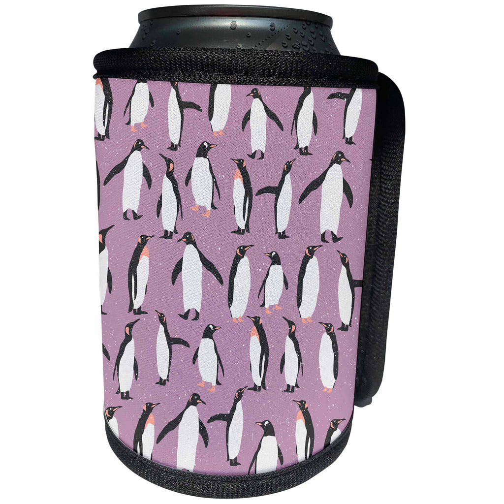3dRose Anne Marie Baugh - Patterns - Cute Penguin Pattern On A Purple Snowy Background - Can Cooler Bottle Wrap (cc_264933)