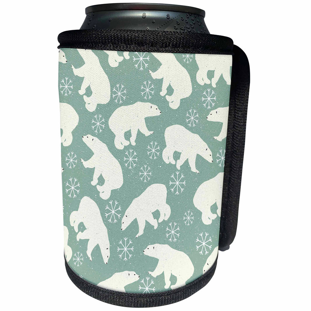 3dRose Anne Marie Baugh - Patterns - Cute Polar Bear and Snowflake Patter On A Mint Green Background - Can Cooler Bottle Wrap (cc_264934)