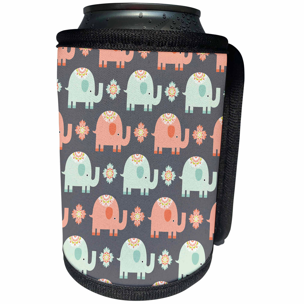 3dRose Anne Marie Baugh - Patterns - Cute Pink and Light Blue Decorated Elephants Pattern - Can Cooler Bottle Wrap (cc_264935)