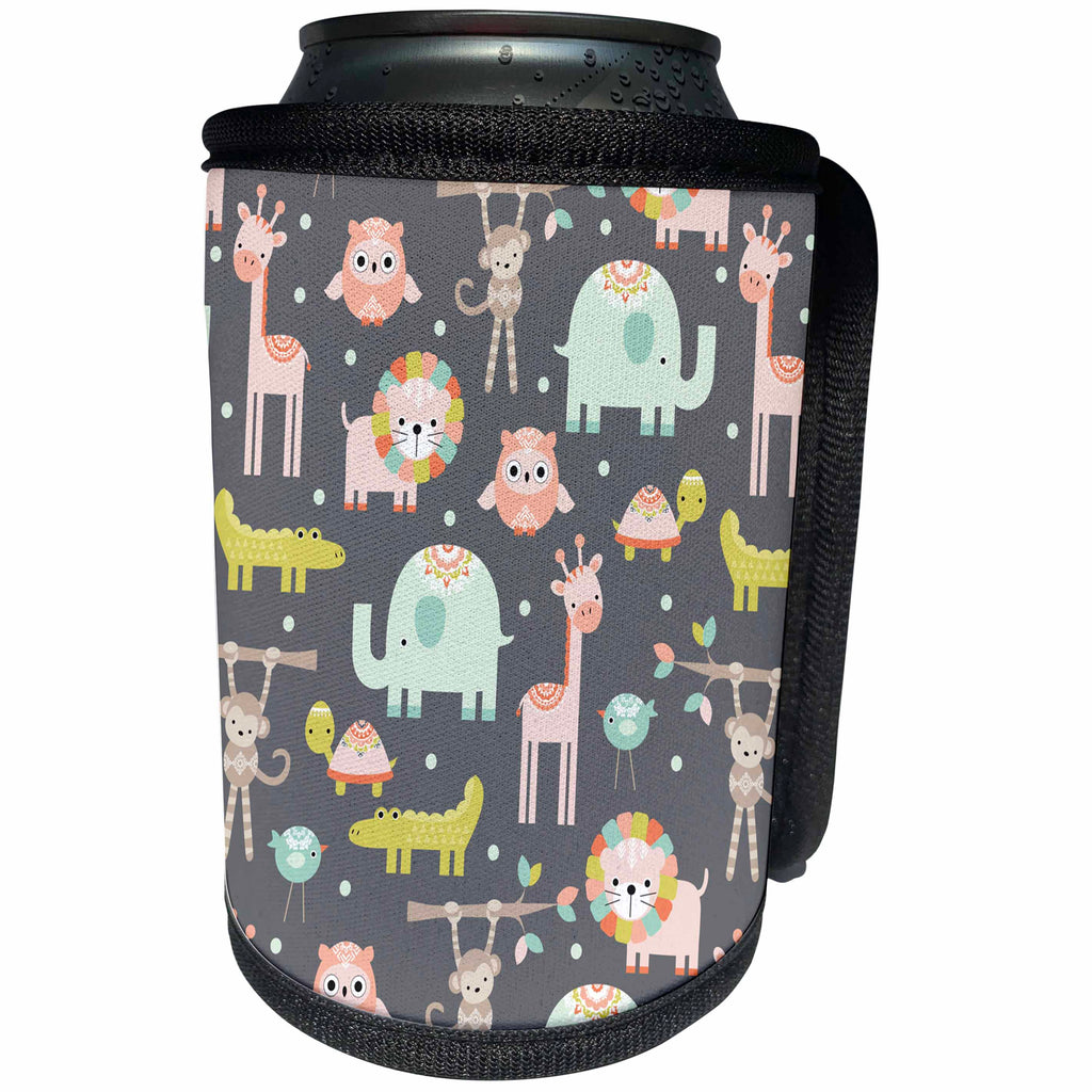 3dRose Anne Marie Baugh - Patterns - Cute Zoo Animals Pattern - Can Cooler Bottle Wrap (cc_264936)