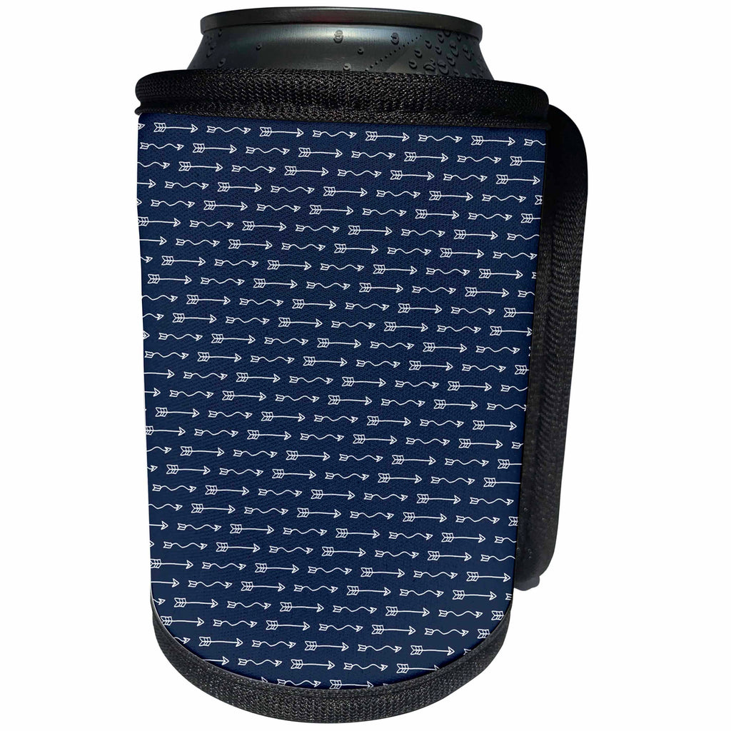 3dRose Anne Marie Baugh - Patterns - Pretty White Squiggle Arrows On A Dark Blue Background - Can Cooler Bottle Wrap (cc_264954)
