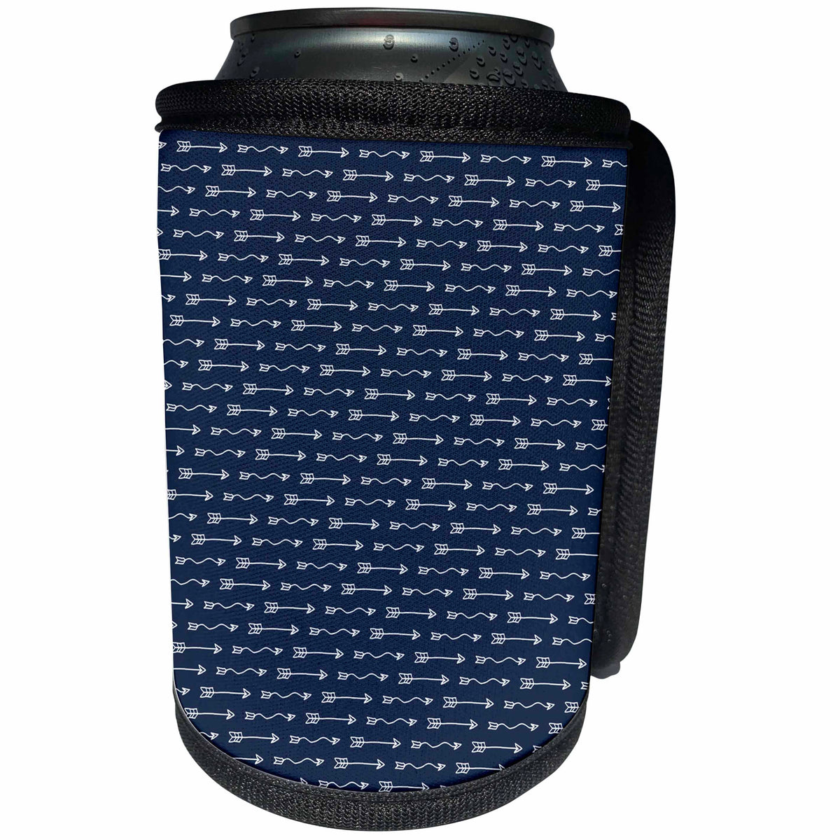 3dRose Anne Marie Baugh - Patterns - Pretty White Squiggle Arrows On A Dark Blue Background - Can Cooler Bottle Wrap (cc_264954)