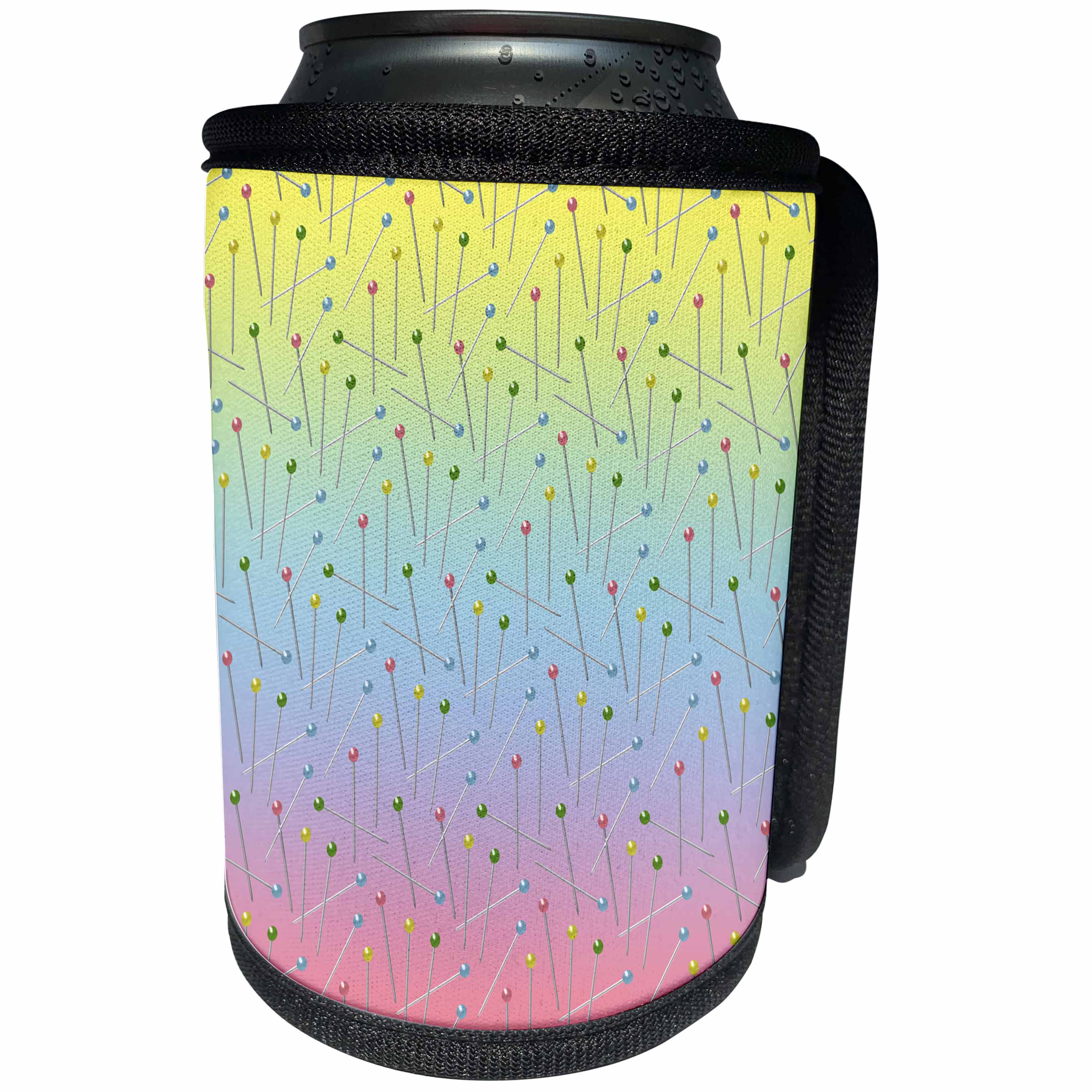 3dRose Anne Marie Baugh - Patterns - Sewing Pins On A Gradient Yellow, Blue, and Pink Background - Can Cooler Bottle Wrap (cc_264962)