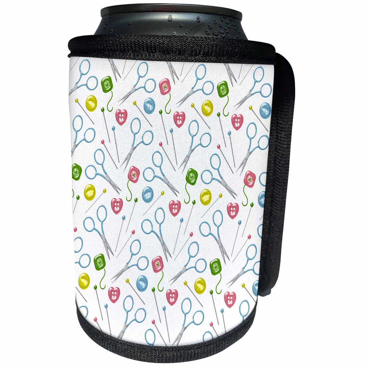 3dRose Anne Marie Baugh - Patterns - Sewing Scissors, Pins, and Buttons Pattern - Can Cooler Bottle Wrap (cc_264963)