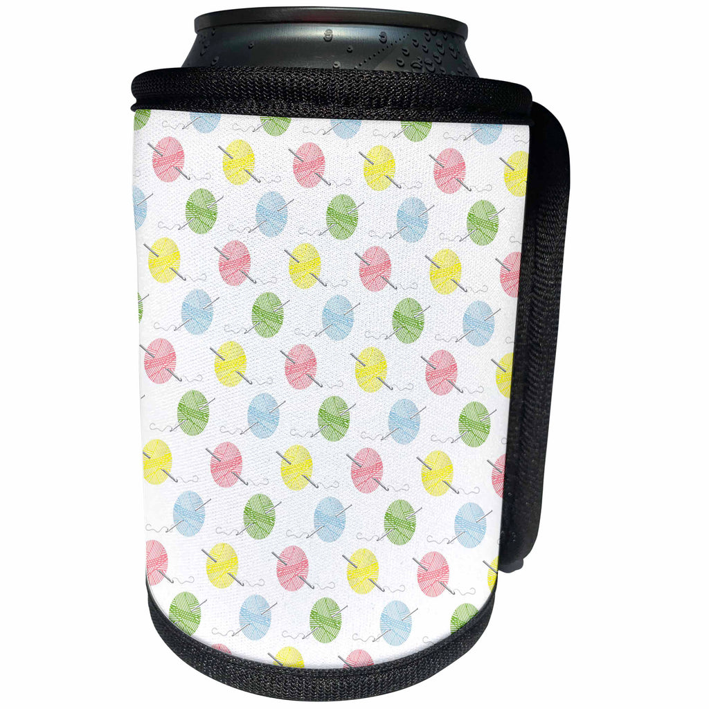 3dRose Anne Marie Baugh - Patterns - Cute Blue, Yellow, and Green Yarn Balls and Crochet Needle Pattern - Can Cooler Bottle Wrap (cc_264964)