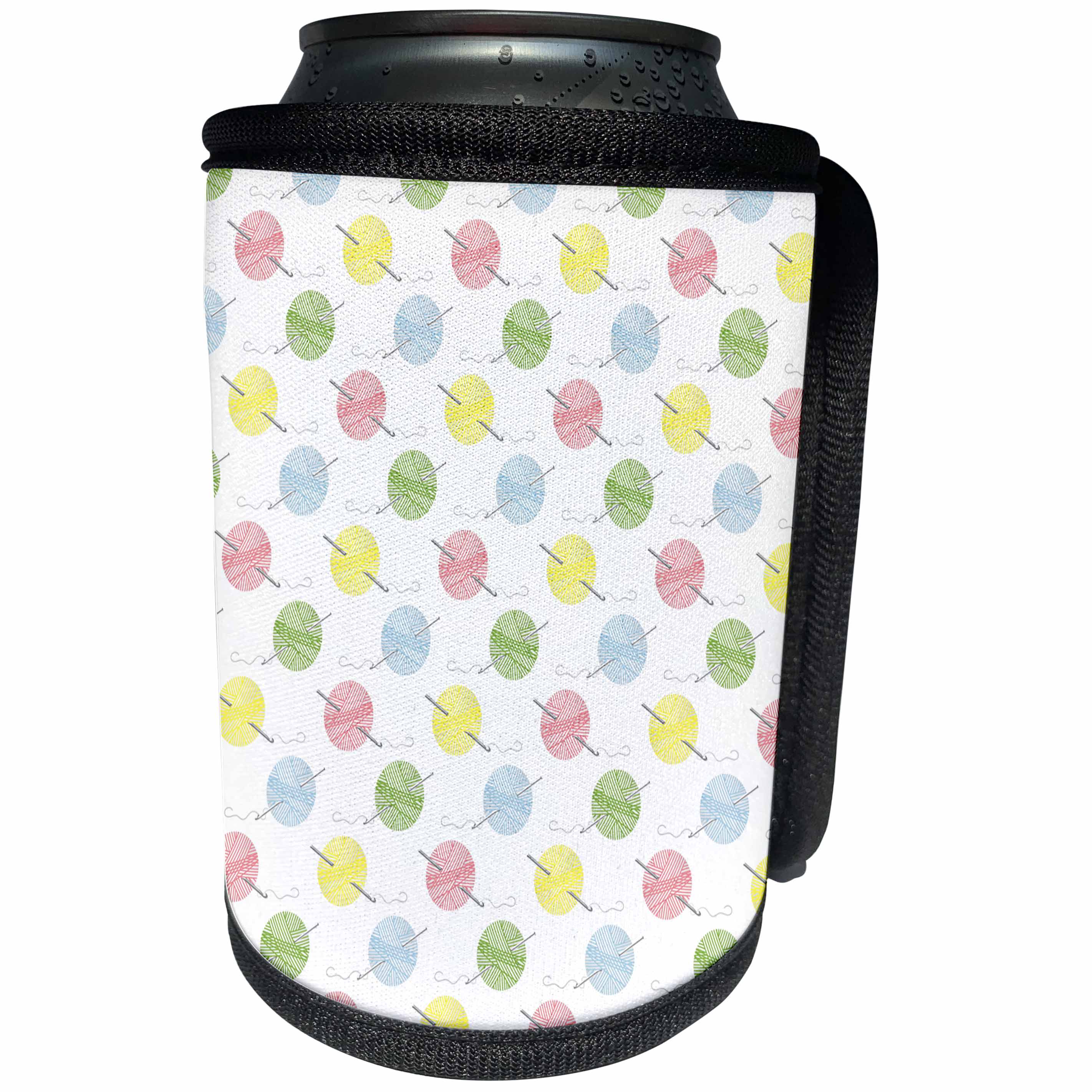 3dRose Anne Marie Baugh - Patterns - Cute Blue, Yellow, and Green Yarn Balls and Crochet Needle Pattern - Can Cooler Bottle Wrap (cc_264964)