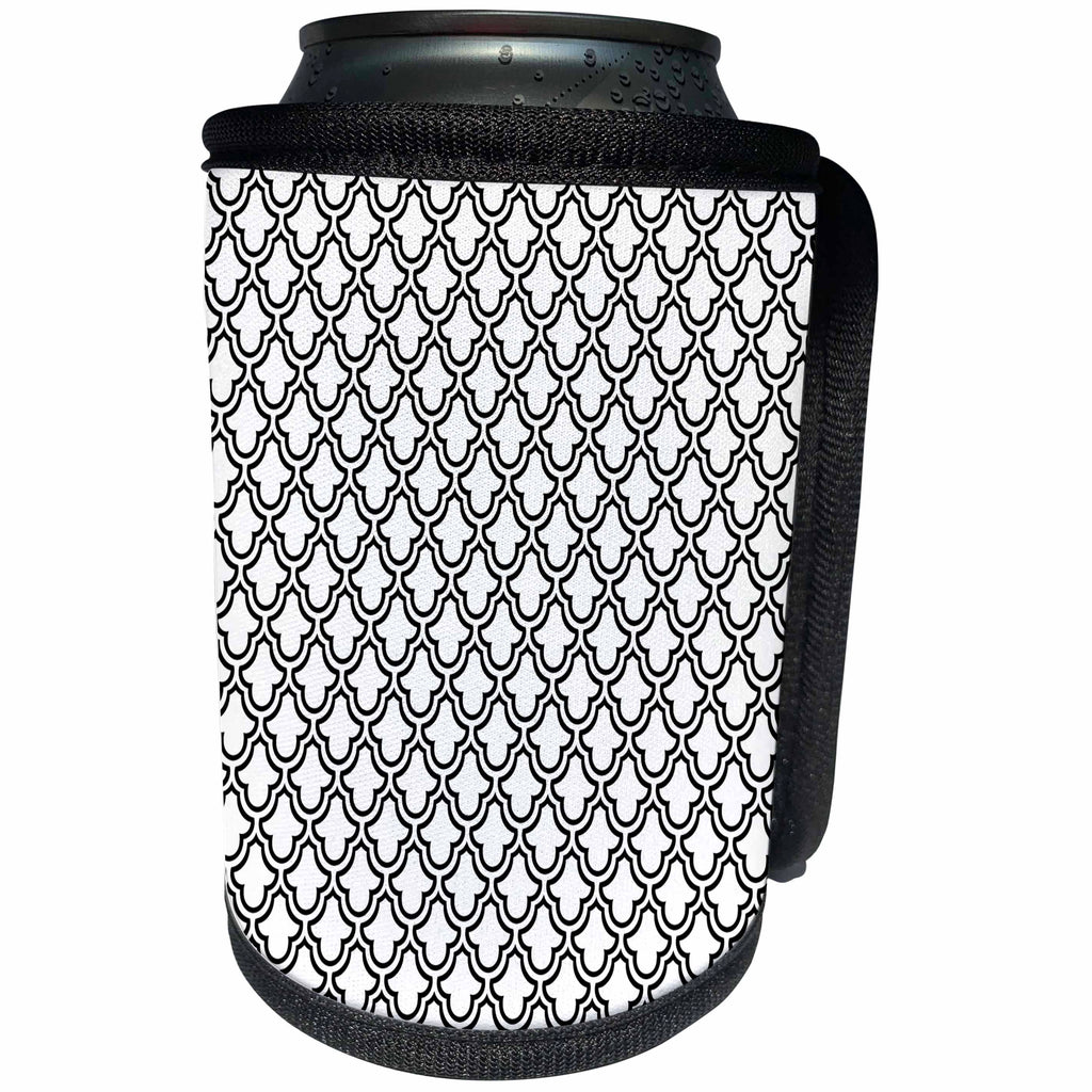 3dRose Anne Marie Baugh - Patterns - Black and White Fancy Quatre Foil Pattern - Can Cooler Bottle Wrap (cc_265052)