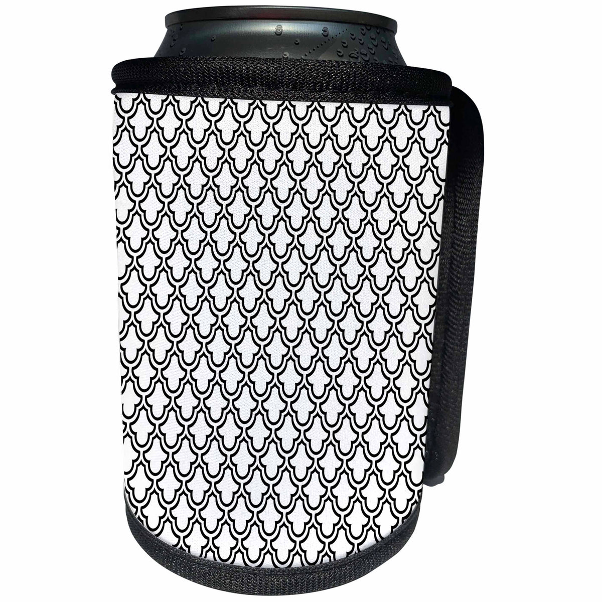 3dRose Anne Marie Baugh - Patterns - Black and White Fancy Quatre Foil Pattern - Can Cooler Bottle Wrap (cc_265052)