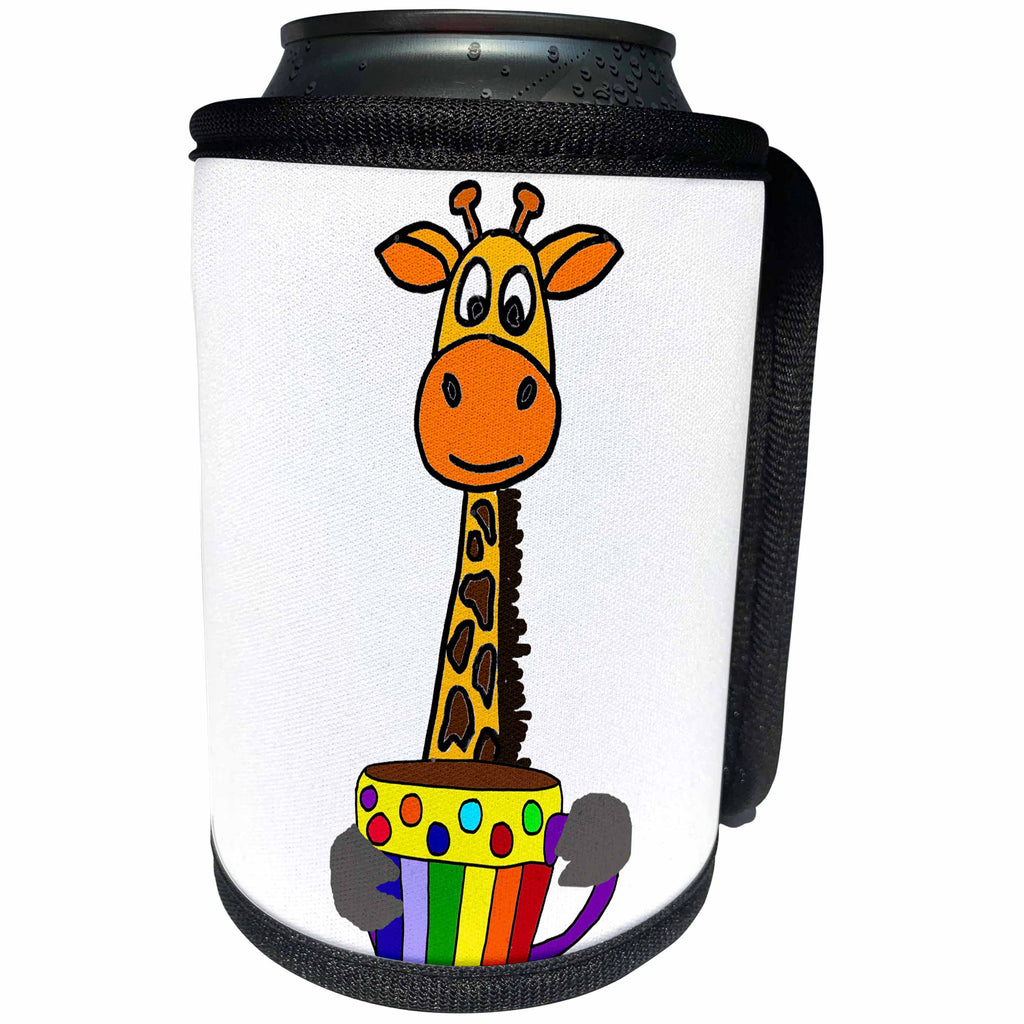 3dRose All Smiles Art Animals - Funny Giraffe Drinking Cup of Coffee Pop Art Cartoon - Can Cooler Bottle Wrap (cc_265060)