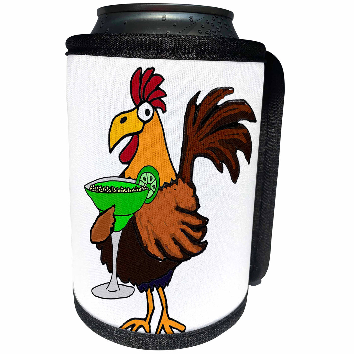 3dRose All Smiles Art Drinking - Funny Cool Rooster Drinking Margarita Cartoon - Can Cooler Bottle Wrap (cc_265062)