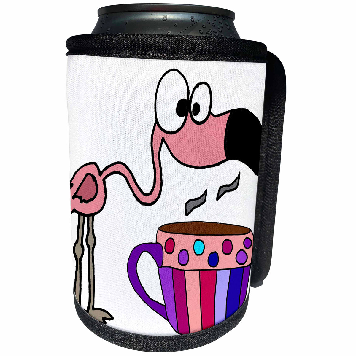 3dRose All Smiles Art Birds - Funny Cool Pink Flamingo Bird Drinking Coffee Pop Art - Can Cooler Bottle Wrap (cc_265064)