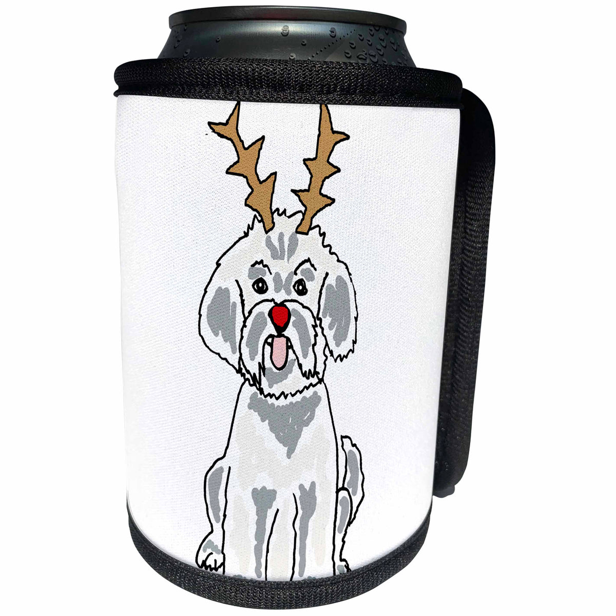 3dRose All Smiles Art Christmas - Funny Cute Bichon Frise with Reindeer Antlers Christmas Art - Can Cooler Bottle Wrap (cc_265070)