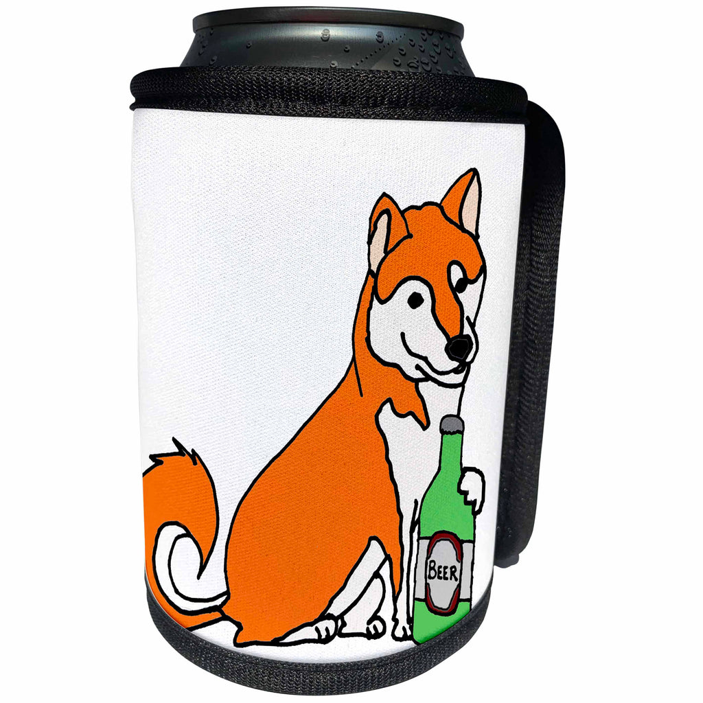 3dRose All Smiles Art Pets - Funny Cute Shiba Inu Dog Drinking Beer Cartoon - Can Cooler Bottle Wrap (cc_265073)