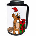 3dRose All Smiles Art Christmas - Cute Funny Beaver opening Christmas Gifts Cartoon - Can Cooler Bottle Wrap (cc_265074)