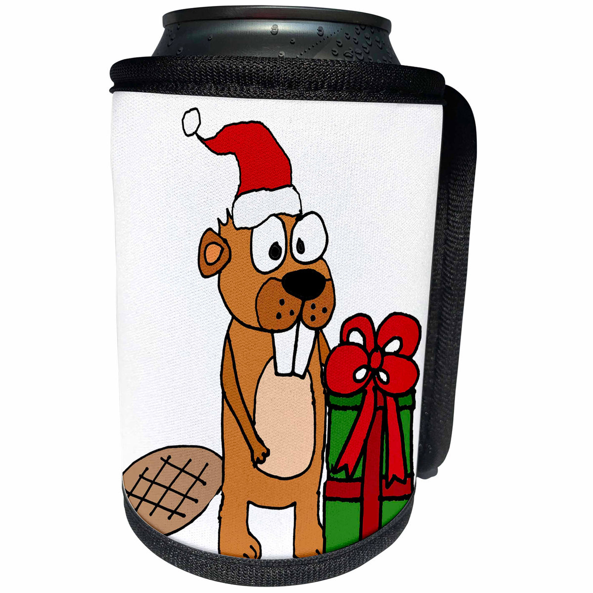 3dRose All Smiles Art Christmas - Cute Funny Beaver opening Christmas Gifts Cartoon - Can Cooler Bottle Wrap (cc_265074)