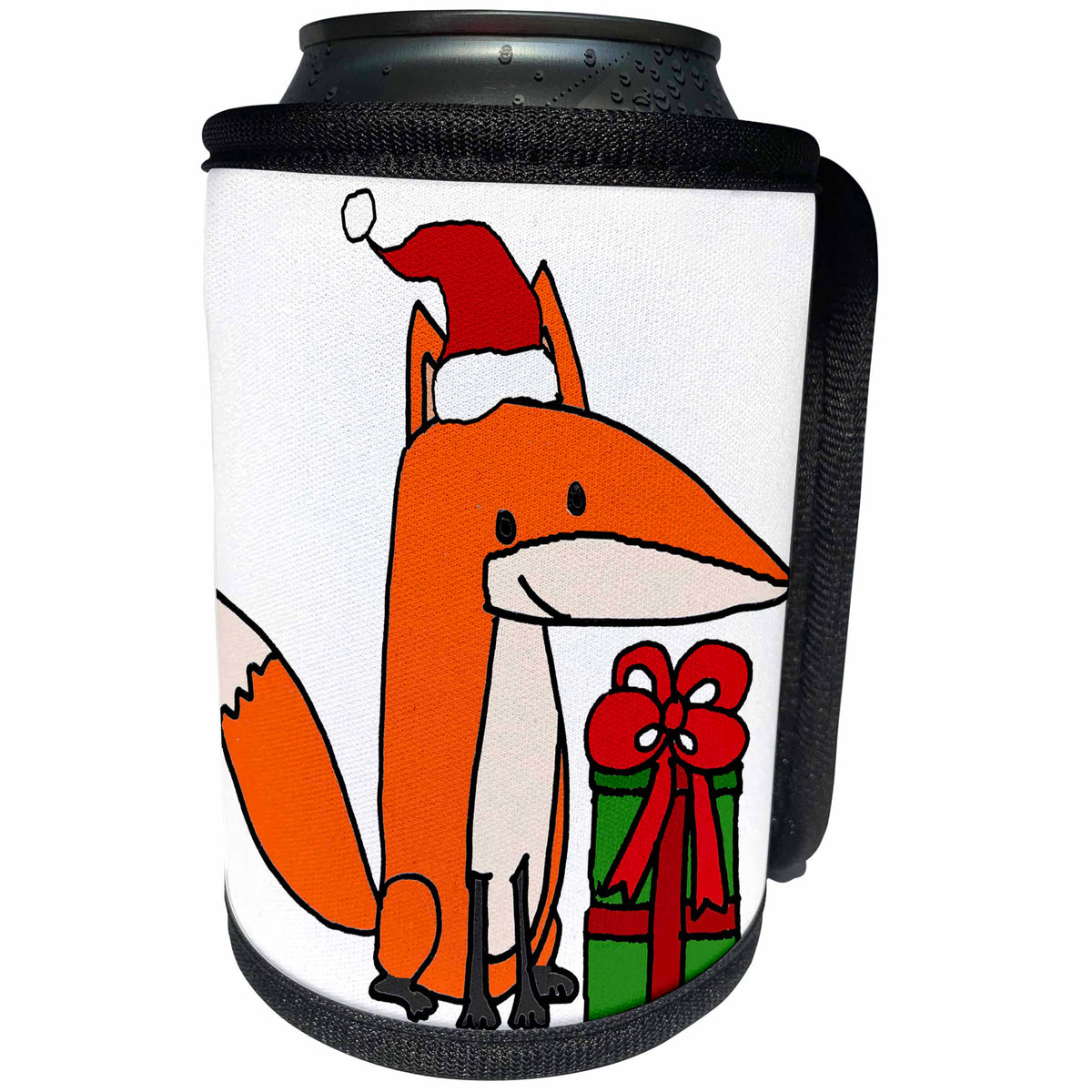 3dRose All Smiles Art Christmas - Funny Cool Foxy Red Fox opening Christmas Gifts Cartoon - Can Cooler Bottle Wrap (cc_265075)