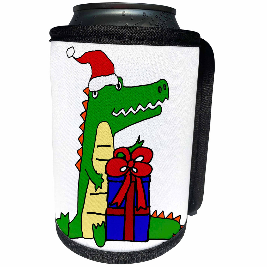 3dRose All Smiles Art Christmas - Funny Cute Alligator Opening Christmas Gifts Cartoon - Can Cooler Bottle Wrap (cc_265076)