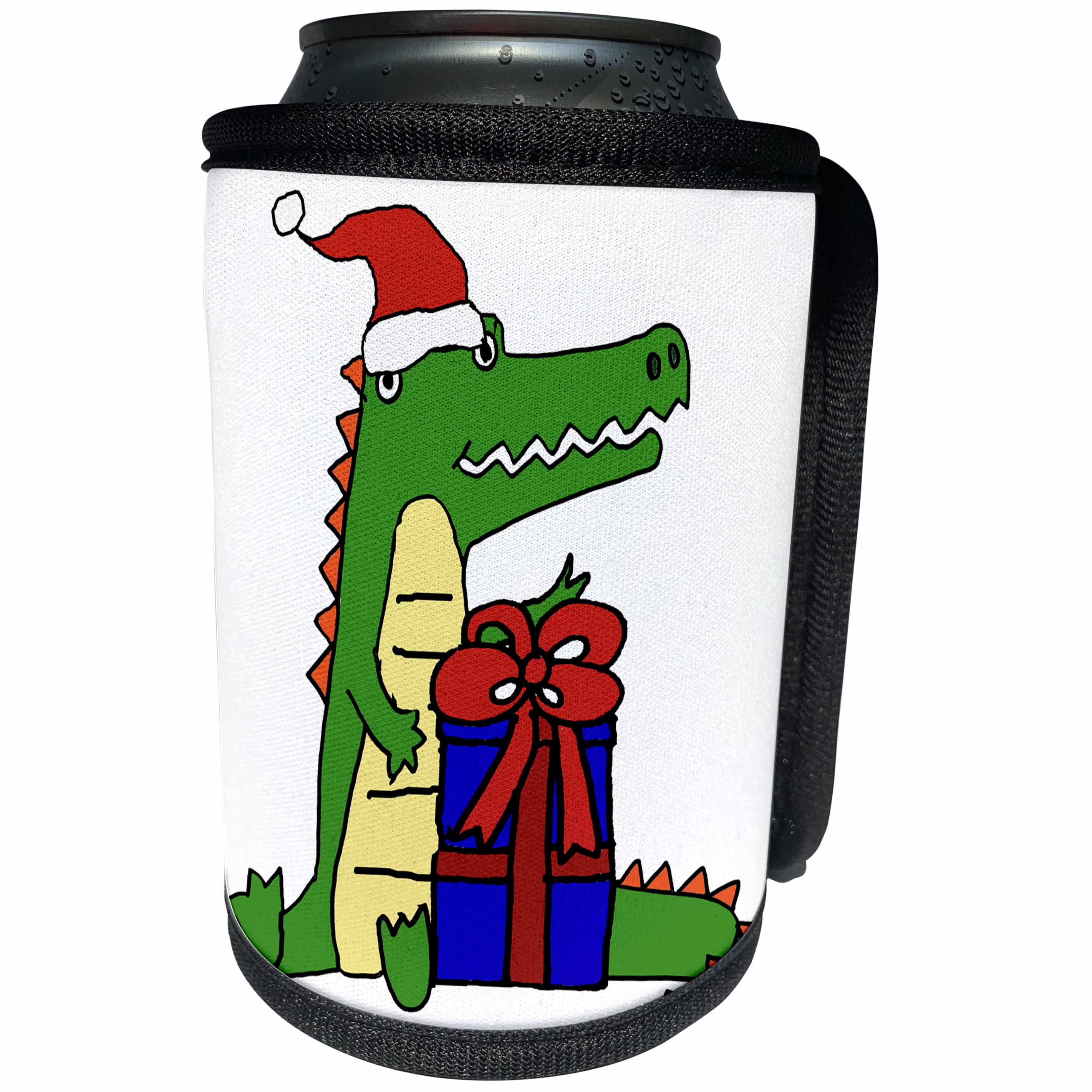 3dRose All Smiles Art Christmas - Funny Cute Alligator Opening Christmas Gifts Cartoon - Can Cooler Bottle Wrap (cc_265076)