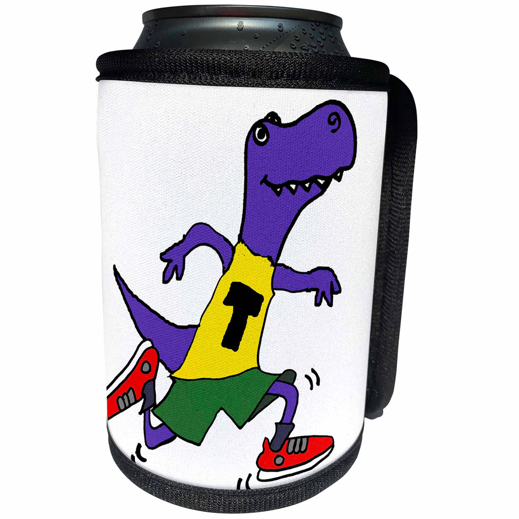 3dRose All Smiles Art Dinosaurs - Funny Cute T-rex Dinosaur Running or Jogging Cartoon - Can Cooler Bottle Wrap (cc_265081)