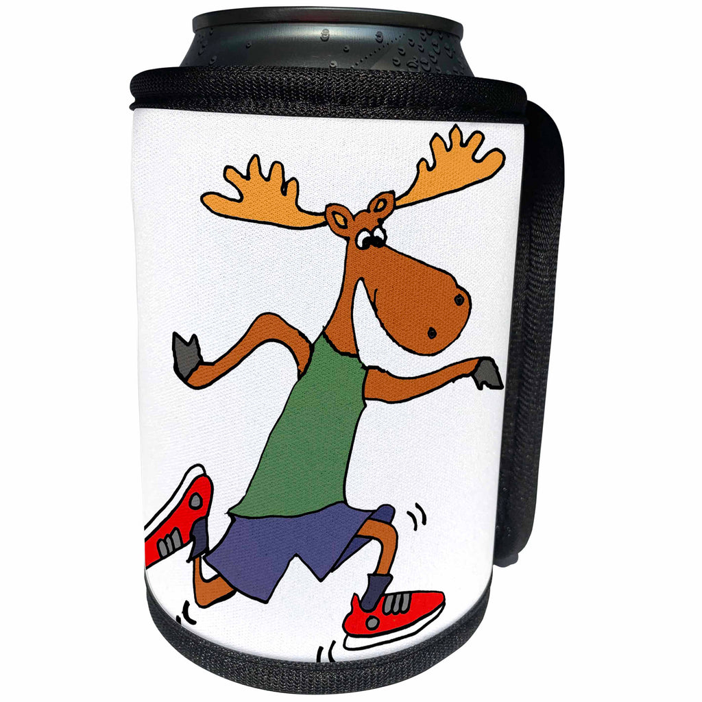 3dRose All Smiles Art Sports and Hobbies - Cute Funny Moose Running or Jogging cartoon - Can Cooler Bottle Wrap (cc_265083)