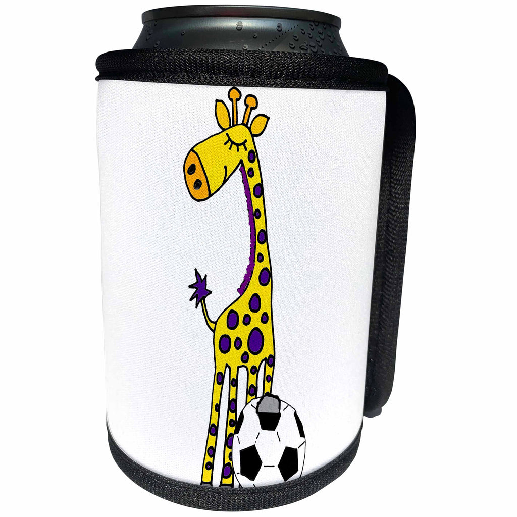 3dRose All Smiles Art Sports and Hobbies - Funny Cool Yellow Giraffe Playing Soccer Cartoon - Can Cooler Bottle Wrap (cc_265090)