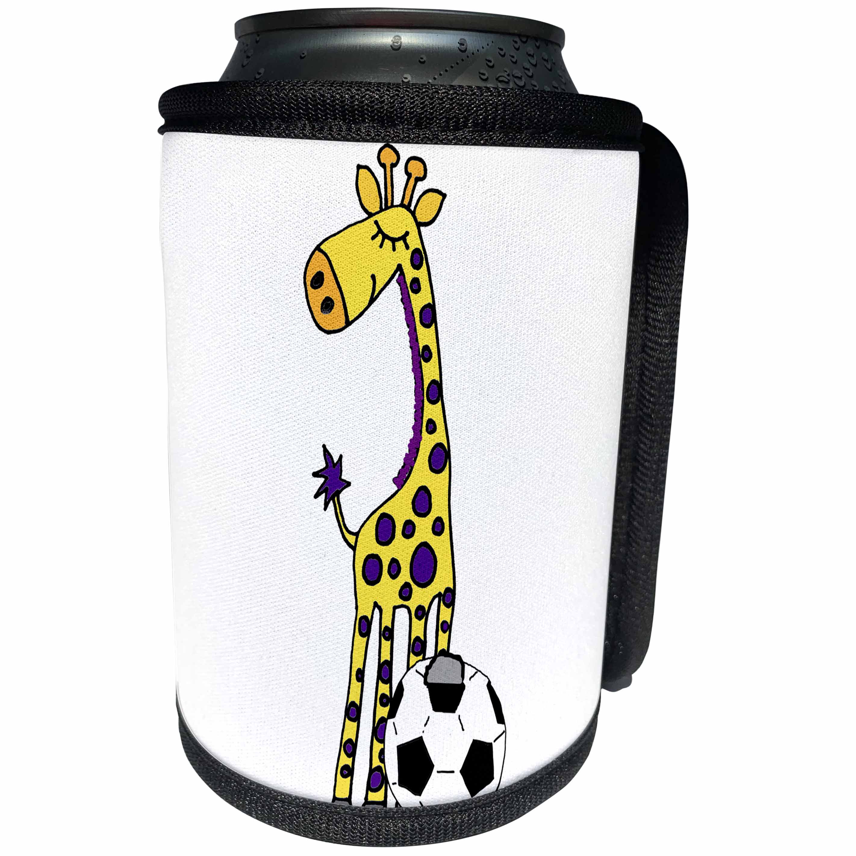3dRose All Smiles Art Sports and Hobbies - Funny Cool Yellow Giraffe Playing Soccer Cartoon - Can Cooler Bottle Wrap (cc_265090)