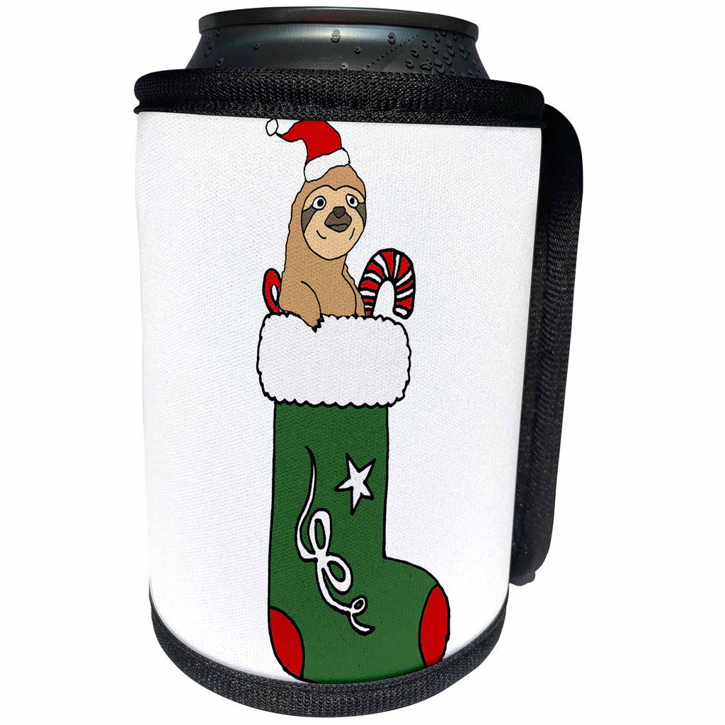 3dRose All Smiles Art Christmas - Funny Cool Sloth in a Christmas Stocking Cartoon - Can Cooler Bottle Wrap (cc_265099)